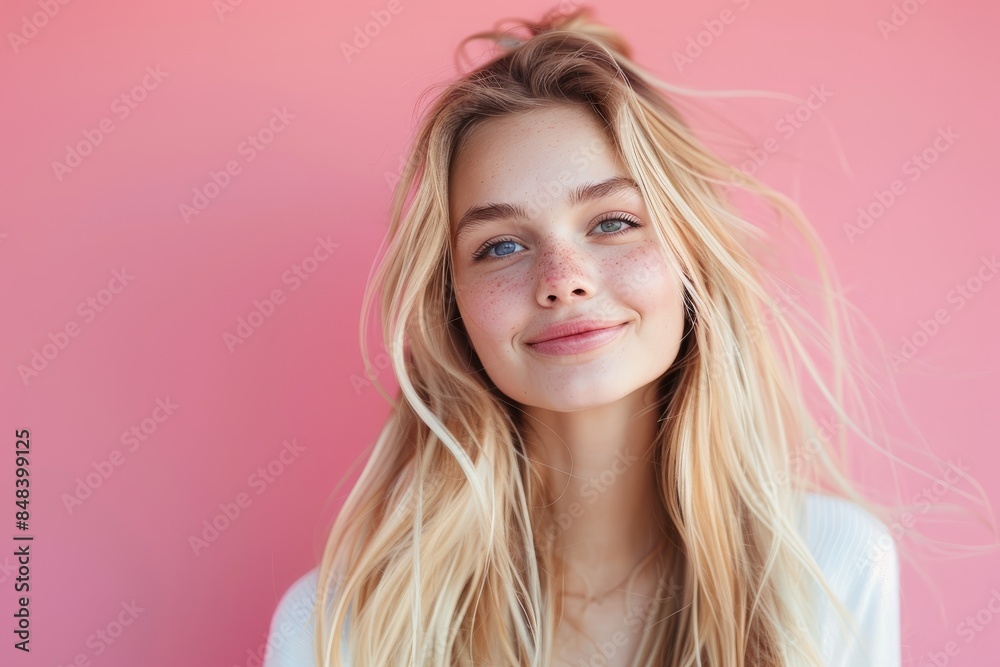 A closeup portrait of a blonde woman with long hair, captured against a pink backdrop. She smiles radiantly, looking off-camera A closeup portrait of a blonde woman with long hair, captured against a pink backdrop. She smiles radiantly, looking off-camera