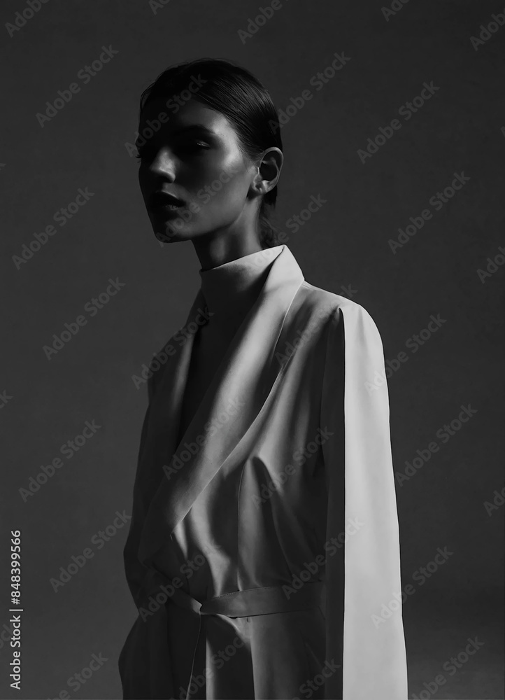 A black and white image of a woman in a white dress with a high collar.
A black and white image of a woman in a white dress with a high collar.