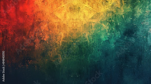 A vibrant gradient background with transitions from red to green and yellow, set against a dark grainy texture. 