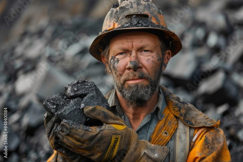 Miner in the mine holding coal