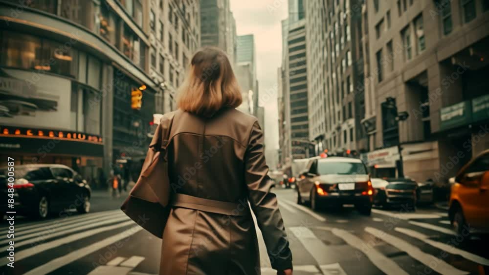 A woman in a trench coat confidently walks across a busy city street, A ...