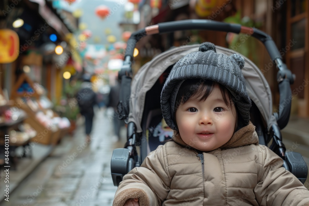 Baby in seated stroller on a walk Baby in seated stroller on a walk