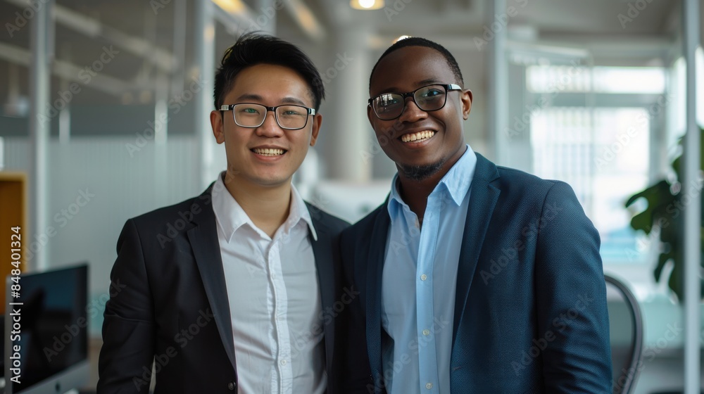 Two handsome Asian and african Businessman Are Happy Looking At The Camera While Standing In The Office