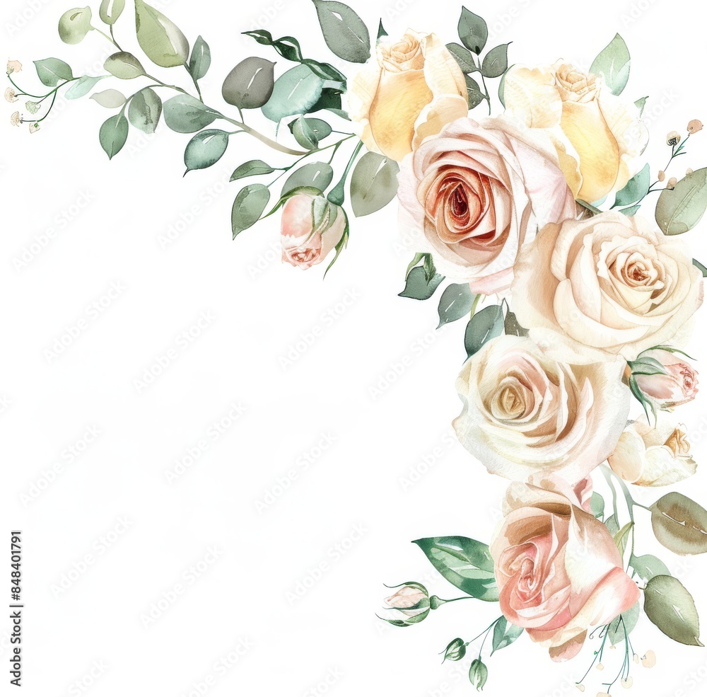 Watercolor blush pink and cream roses, delicate greenery leaves Watercolor blush pink and cream roses, delicate greenery leaves