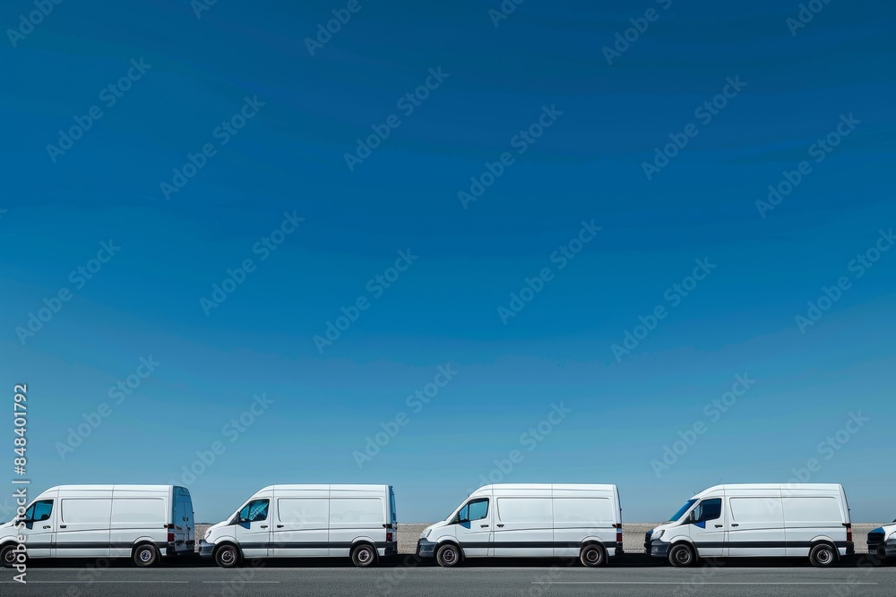 A low angle shot of four white delivery vans parked in a row under a clear blue sky A low angle shot of four white delivery vans parked in a row under a clear blue sky