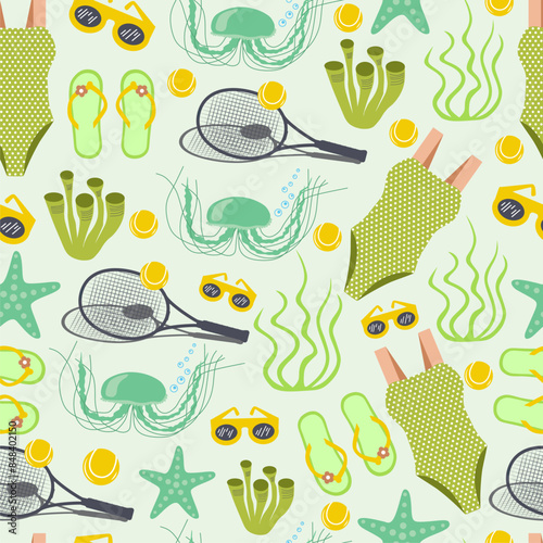 Seamless cute summer holiday beach elements pattern. Sea animals, seaweeds, swimsuit, flip flops, tennis racket and sunglasses. Cartoon vector illustration. Green colors.