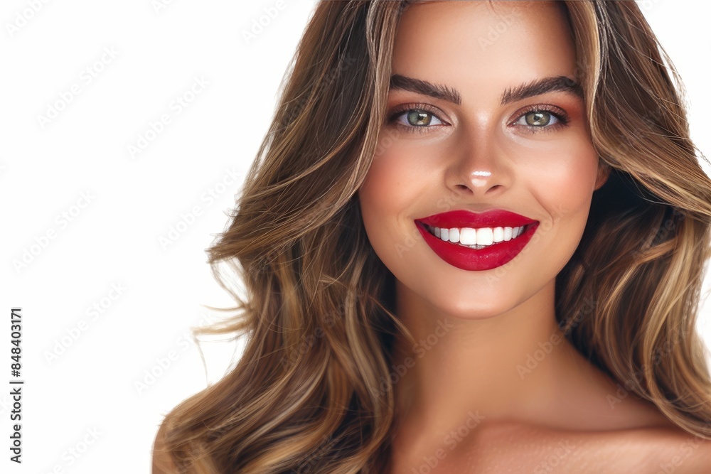 Glamorous woman with radiant smile, vibrant red lips, lush brown hair, professional studio portrait, confident and elegant, fashion photography, warm lighting, neutral background, beauty and style Glamorous woman with radiant smile, vibrant red lips, lush brown hair, professional studio portrait, confident and elegant, fashion photography, warm lighting, neutral background, beauty and style
