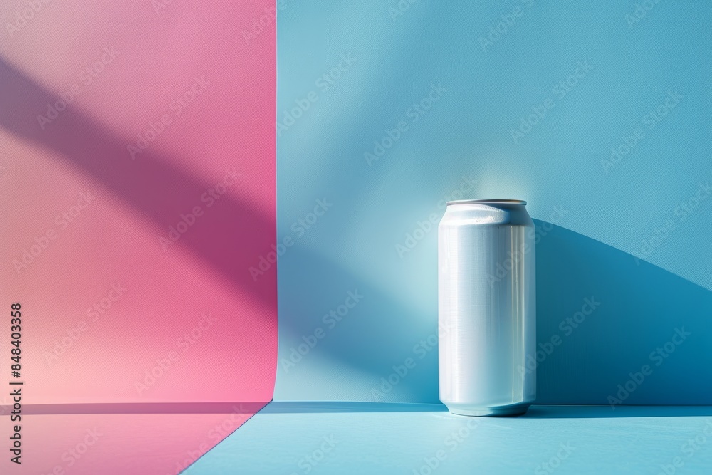 A single, white aluminum soda can mockup stands against a vibrant pink and blue abstract background, showcasing ample space for product branding A single, white aluminum soda can mockup stands against a vibrant pink and blue abstract background, showcasing ample space for product branding