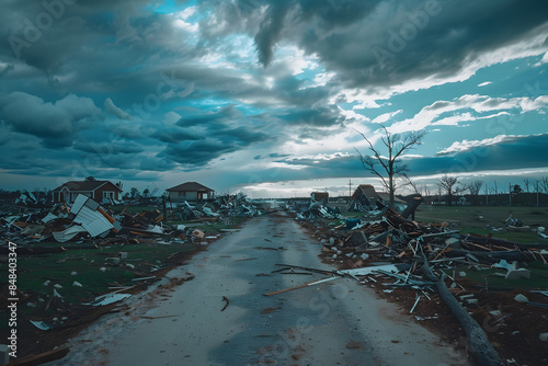 A view down a road littered with debris following a tornado