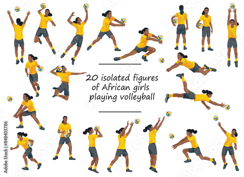 Set of African women's volleyball girls team players in yellow T-shirts in various poses training, running, jumping, throwing, hitting the ball