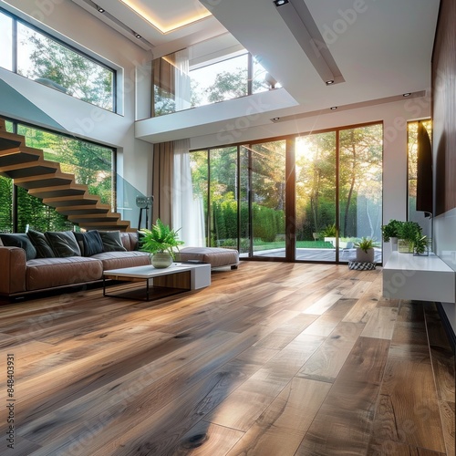 Modern interior of spacious living room of two-story house with high-quality laminate flooring