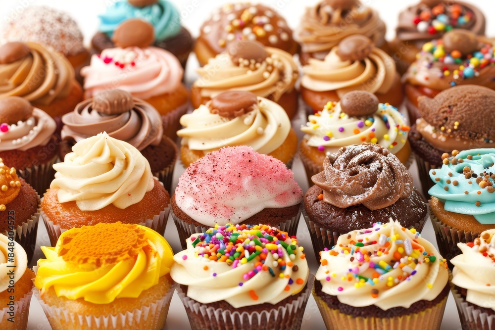 Assorted gourmet cupcakes with colorful frosting, sprinkles, and decorations, close up shot, bright and vibrant colors, sweet and delicious, food photography, tempting and mouth watering treats