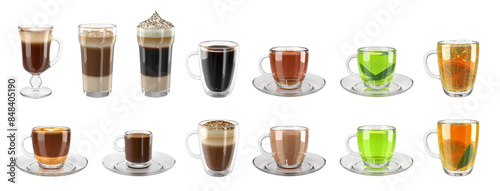 Set of types of coffee and tea. Samples of images of types of coffee and tea for cafe menu layout. 3d illustration isolated on white