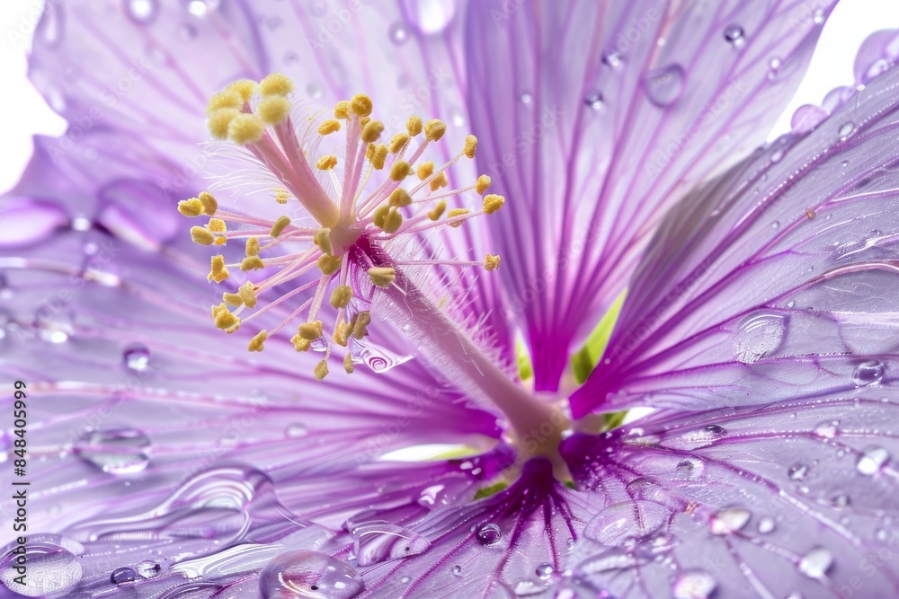 Obraz premium Macro shot of a purple flower with water droplets, vibrant and colorful, natural beauty, delicate petals, outdoor setting, close up photography, striking and captivating, fresh and lively