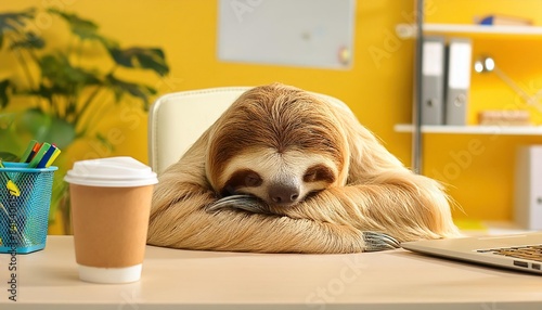 tired sloth sleeping at the table in the office. fatigue, laziness and slowness at work