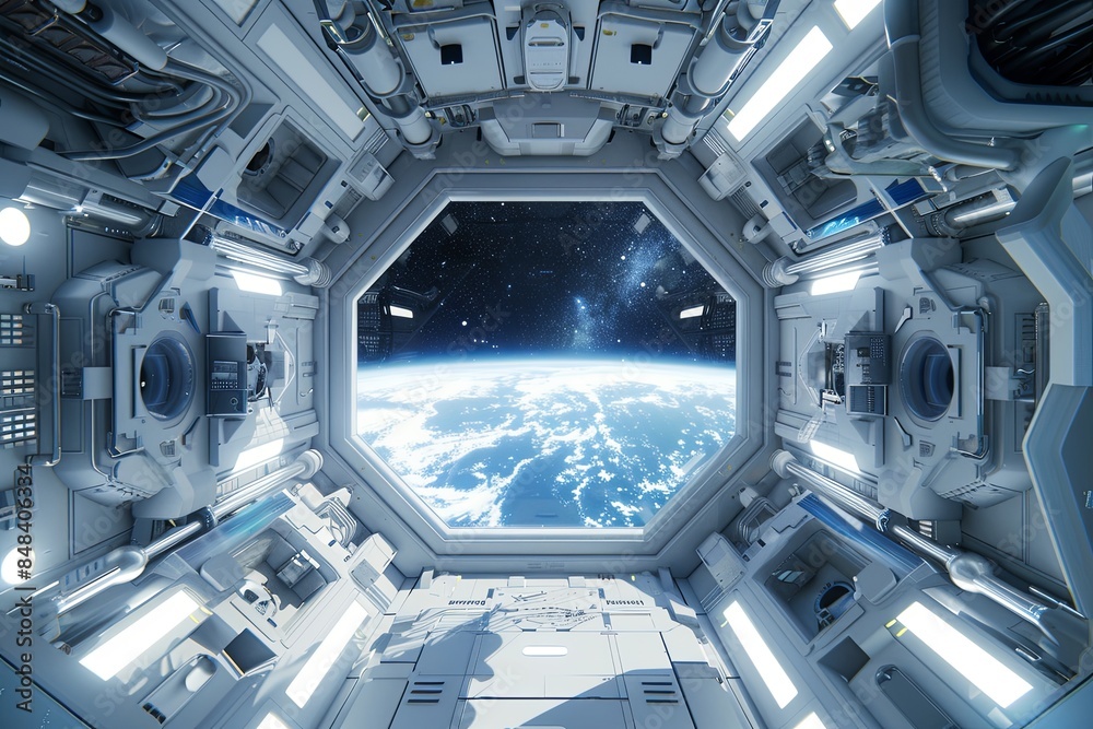 Futuristic space station interior with a clear view of the Earth and stars from a large window - 14 Futuristic space station interior with a clear view of the Earth and stars from a large window - 14