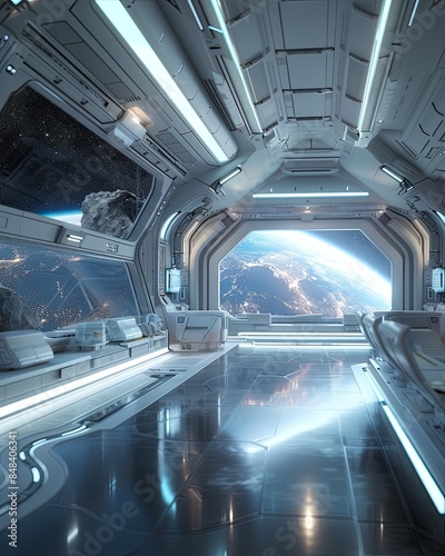 Fototapeta Naklejka Na Ścianę i Meble -  Futuristic space station interior with a clear view of the Earth and stars from a large window - 11