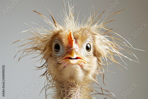 Quirky close up of a scruffy bird with wet and messy feathers, showing a humorous and charming character against a plain background, highlighting the bird s playful and endearing nature photo