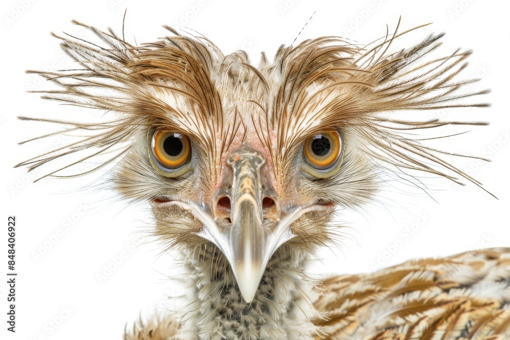 Fototapeta premium Quirky close up of a scruffy bird with wet and messy feathers, showing a humorous and charming character against a plain background, highlighting the bird s playful and endearing nature