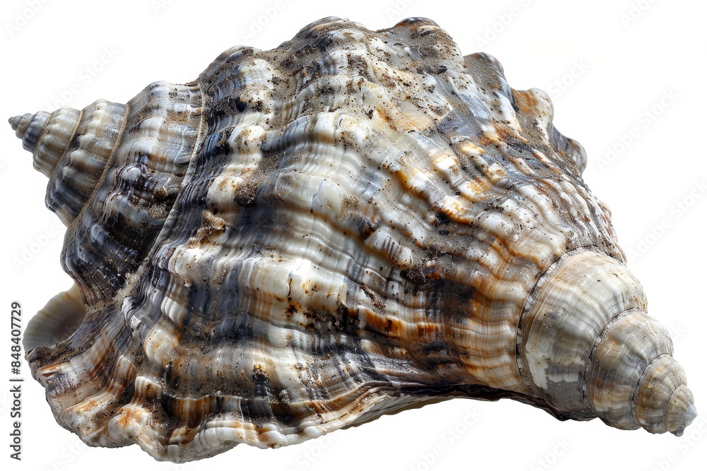 Close-up of a detailed, textured conch seashell against a white background, perfect for beach, summer, and ocean-related themes, white background Close-up of a detailed, textured conch seashell against a white background, perfect for beach, summer, and ocean-related themes, white background