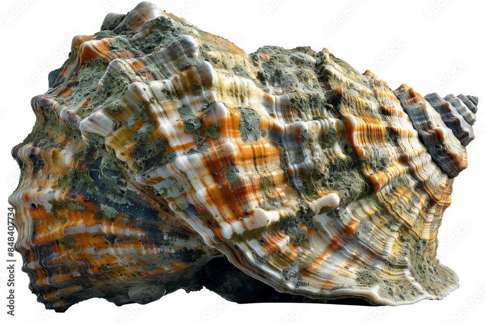 Close-up of a large, textured seashell, showcasing intricate ridges and natural colors perfect for beach-themed decor or backgrounds, white background Close-up of a large, textured seashell, showcasing intricate ridges and natural colors perfect for beach-themed decor or backgrounds, white background