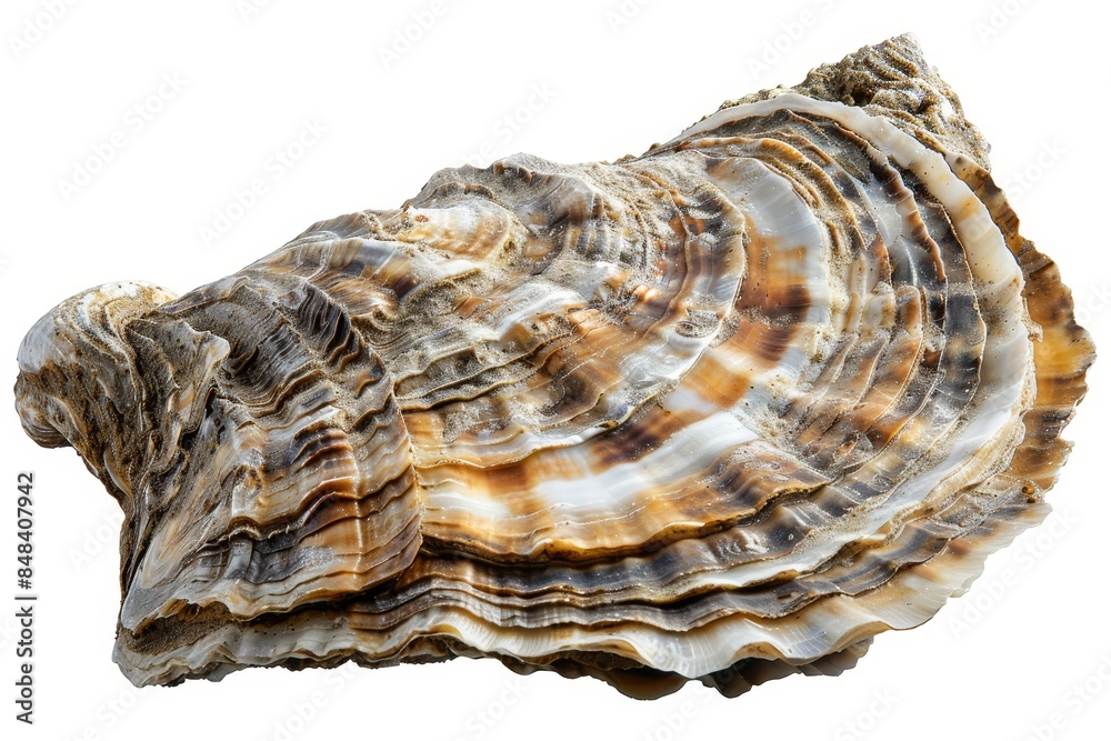 Close-up of a textured oyster shell with natural colors and intricate patterns, isolated on a white background. Close-up of a textured oyster shell with natural colors and intricate patterns, isolated on a white background.