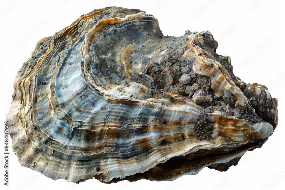 Detailed close-up image of a weathered and textured oyster shell displaying natural patterns and colors. Perfect for nature and sea-themed projects, white background Detailed close-up image of a weathered and textured oyster shell displaying natural patterns and colors. Perfect for nature and sea-themed projects, white background