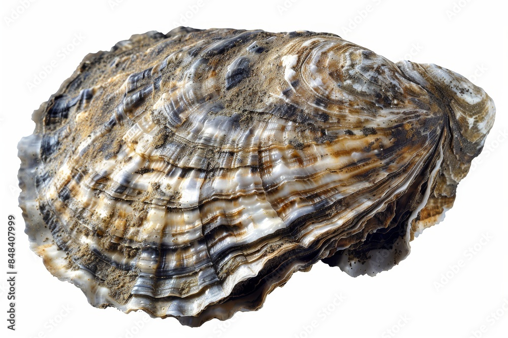 High-resolution close-up image of a detailed oyster shell showcasing natural textures, colors, and patterns, white background High-resolution close-up image of a detailed oyster shell showcasing natural textures, colors, and patterns, white background