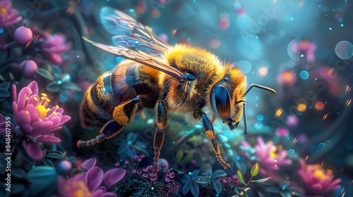 A honey bee pollinates a flower in a vibrant, colorful garden photo