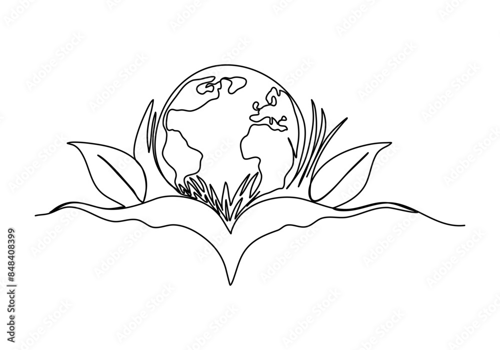Planet Earth with grass and leaves, one line drawing vector illustration. Planet Earth with grass and leaves, one line drawing vector illustration.