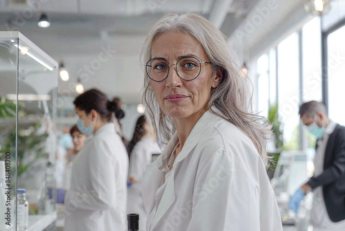 Senior female scientist with team in laboratory. Generative AI image photo