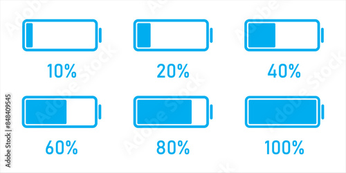 Battery charge level set with blue color. Battery charging, charge indicator. Battery icons going from 10 to 100% blue color.