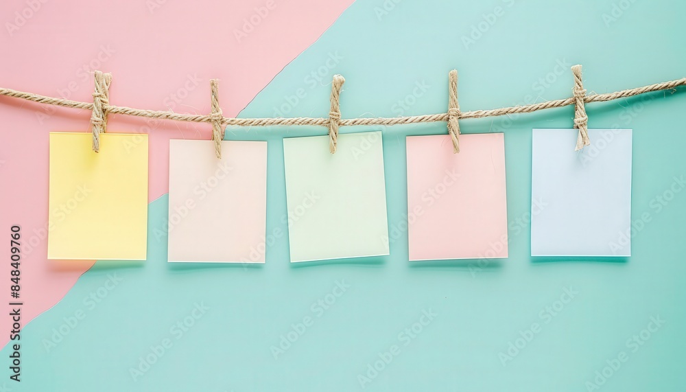 A row of colorful sticky notes hanging on a string A row of colorful sticky notes hanging on a string