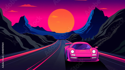 Illustration in a cartoon style depicting a Sport car is driving on a mountain road 