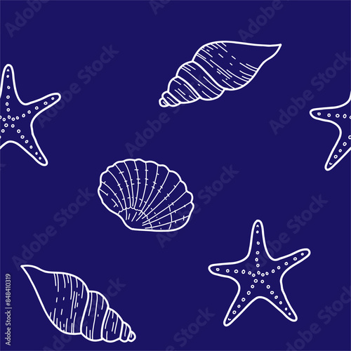 Under the Sea Hand drawn Seamless Pattern with Starfish and Seashells on dark blue background. Vector illustration, line art isolated on white background. For fabric, wallpaper and marine beach design