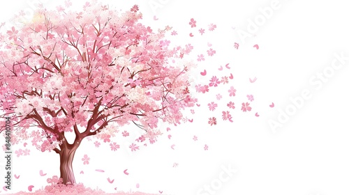 Flat design cherry blossom tree with pink flowers, isolated on white background, delicate and beautiful, highquality visuals, copy space