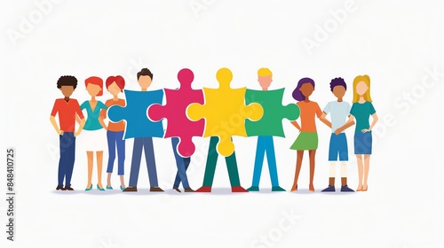 Flat design concept of team collaboration with diverse group, isolated on white background, vibrant and dynamic, highquality visuals, copy space