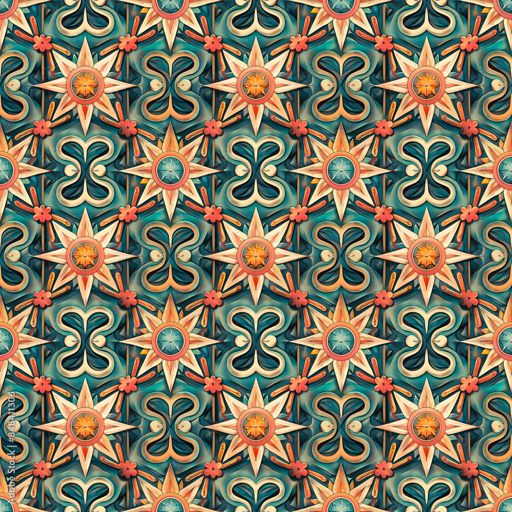 Geometric star pattern in blue, orange, and green tones, with intricate details. Geometric star pattern in blue, orange, and green tones, with intricate details.