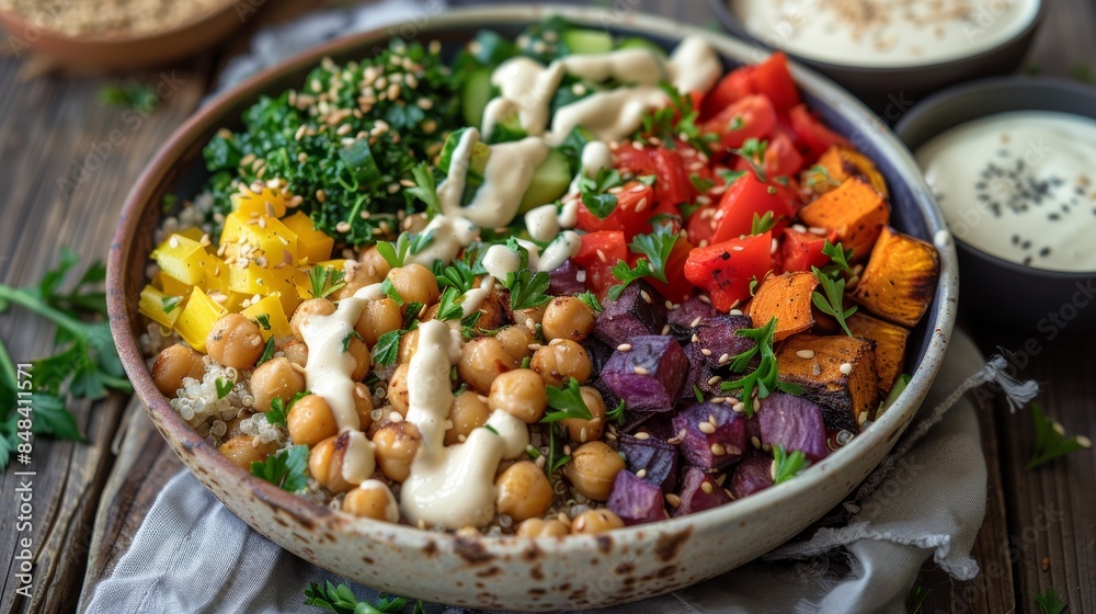 Vibrant Mediterranean Diet Grain Bowl with Quinoa, Roasted Vegetables, Chickpeas, and Lemon Tahini Dressing Vibrant Mediterranean Diet Grain Bowl with Quinoa, Roasted Vegetables, Chickpeas, and Lemon Tahini Dressing