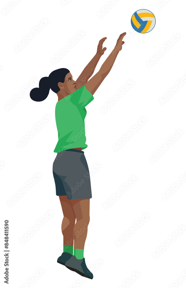 Isolated figure of a black girl volleyballer jumping and pushing a ball with two hands Isolated figure of a black girl volleyballer jumping and pushing a ball with two hands