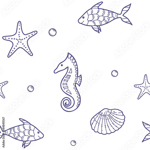 Under the Sea Hand drawn Seamless Pattern with Starfish, Seashells and Fishes, Seahorse. Vector illustration, blue line art isolated on white background. For fabric, wallpaper and marine beach design.