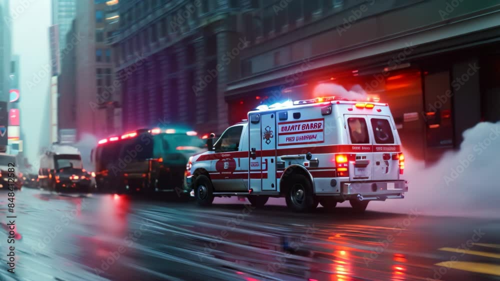 An ambulance races down a city street during rainy weather, lights ...