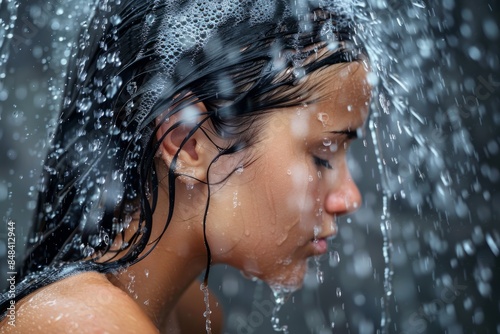 Young beautiful woman takes a shower