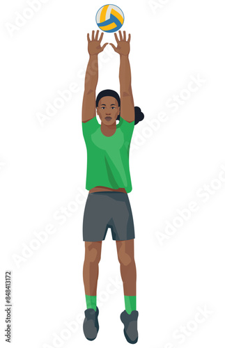 African women's volleyball girl player in green t-shirt jumps straight with her hands raised high to catch or block the ball