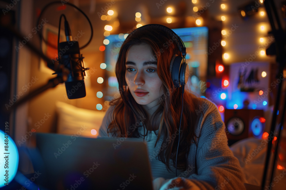 Woman live streaming on the internet with laptop Woman live streaming on the internet with laptop
