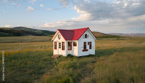 Wide vista of tiny white house with red roof in center of screen © Oleksiy