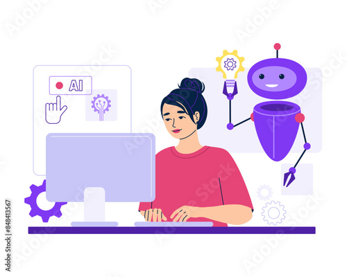 Artificial intelligence robot help woman in work. Virtual assistant, customer service bot, online client support. AI-powered search, content creation, automates business processes. Vector illustration