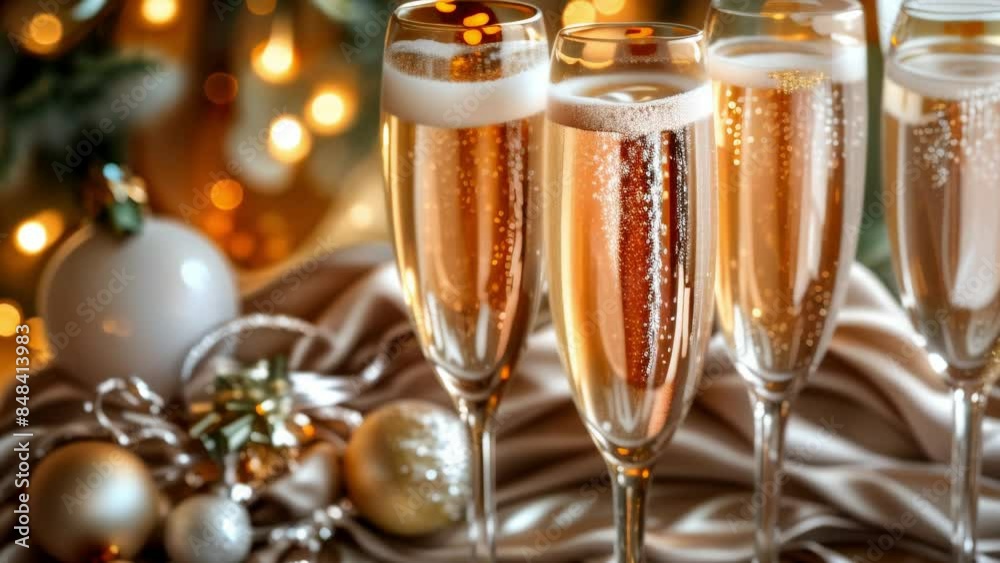 A table arranged with a bottle of champagne and four champagne glasses for a delightful setup A table arranged with a bottle of champagne and four champagne glasses for a delightful setup