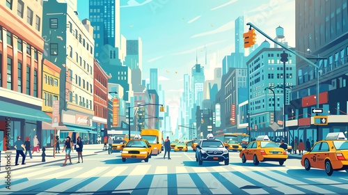 Colorful illustration of a busy city street scene with cars and pedestrians. photo