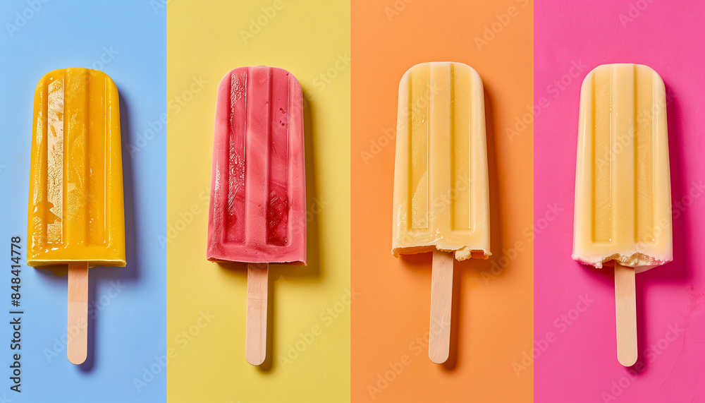 A variety of popsicles in vibrant colors placed on different colorful backgrounds, creating a refreshing summer vibe.
A variety of popsicles in vibrant colors placed on different colorful backgrounds, creating a refreshing summer vibe.